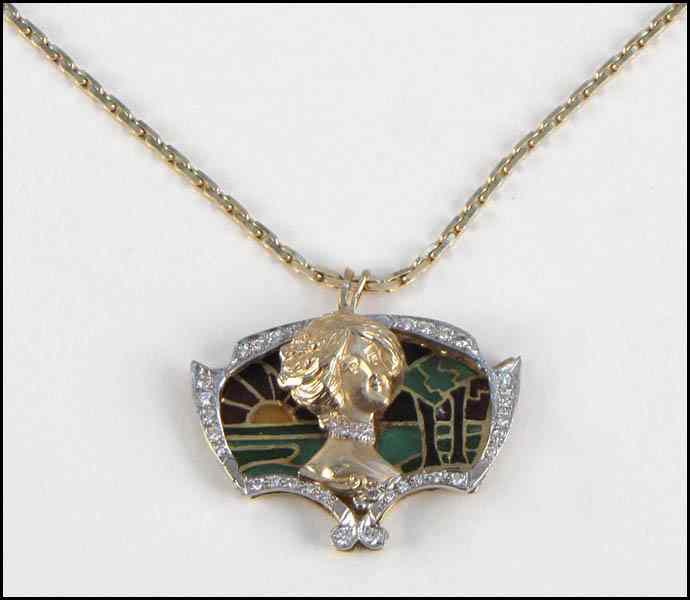 Appraisal: DIAMOND KARAT YELLOW GOLD AND PLIQUE-A-JOUR ENAMEL PORTRAIT PENDANT diamonds