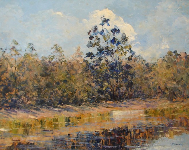 Appraisal: Nina Zbanduto Water's edge landscape oil on masonite x SLR