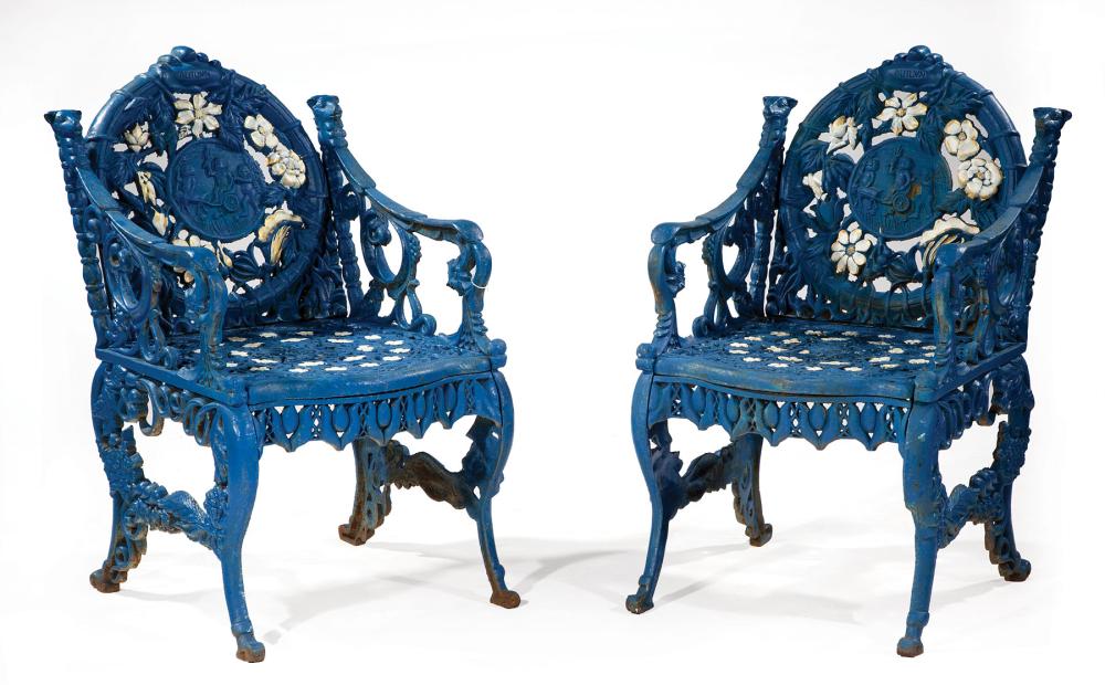 Appraisal: Pair of Cast Iron Four Seasons Garden Armchairs h in