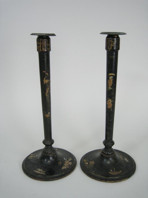 Appraisal: Pair of th Century lacquered Candlesticks with taper turned stems