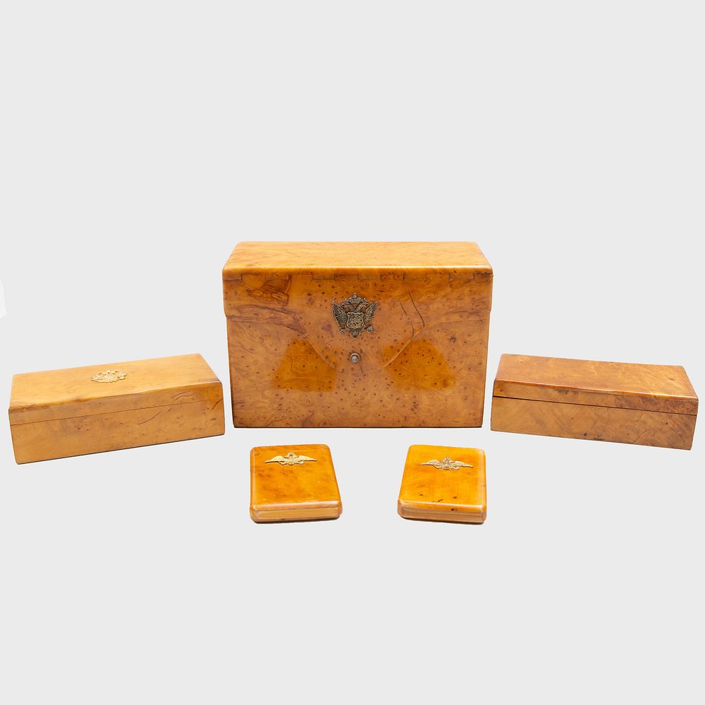 Appraisal: Group of Five Russian Karelian Birch Boxes Comprising A stationery