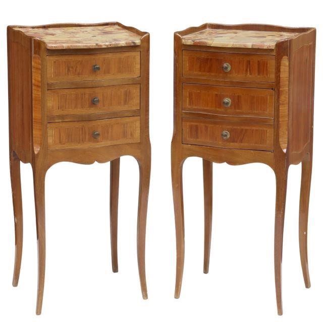 Appraisal: pair French Louis XV style marble-top mahogany nightstands th c