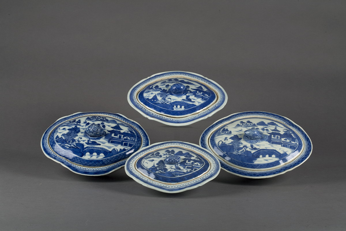 Appraisal: TWO CANTON PORCELAIN BLUE AND WHITE LOZENGE-FORM SERVING DISHES AND