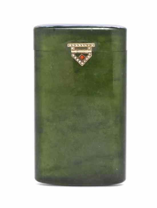 Appraisal: A Nephrite Diamond and Coral Inset Cigarette Case possibly Russian