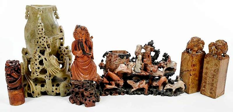 Appraisal: Six Chinese Carved Soapstone Objects th th century comprising pair