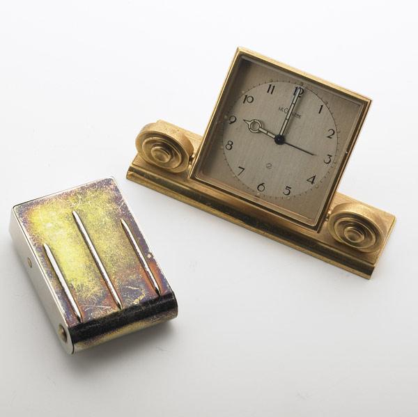 Appraisal: TWO LECOULTRE DESK CLOCKS Folding clock ca with silvered brass