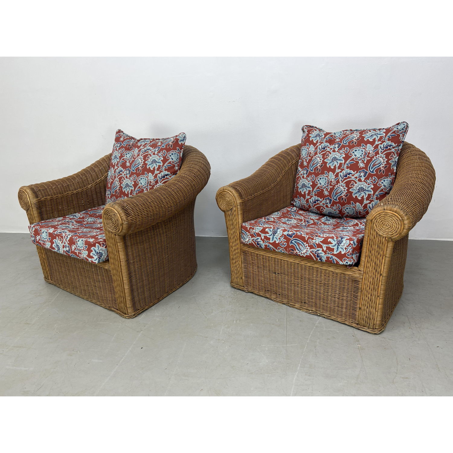 Appraisal: Pr Wicker Rattan Woven Lounge chairs Dimensions H inches W