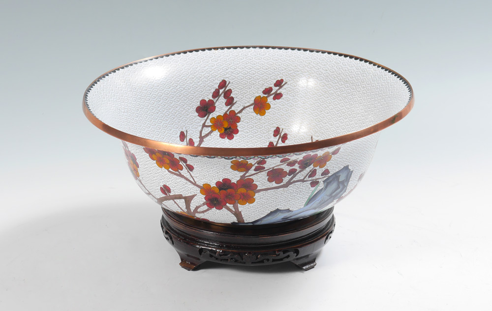 Appraisal: JINGEA CHINESE CLOISONNE BOWL White ground with bird and branches