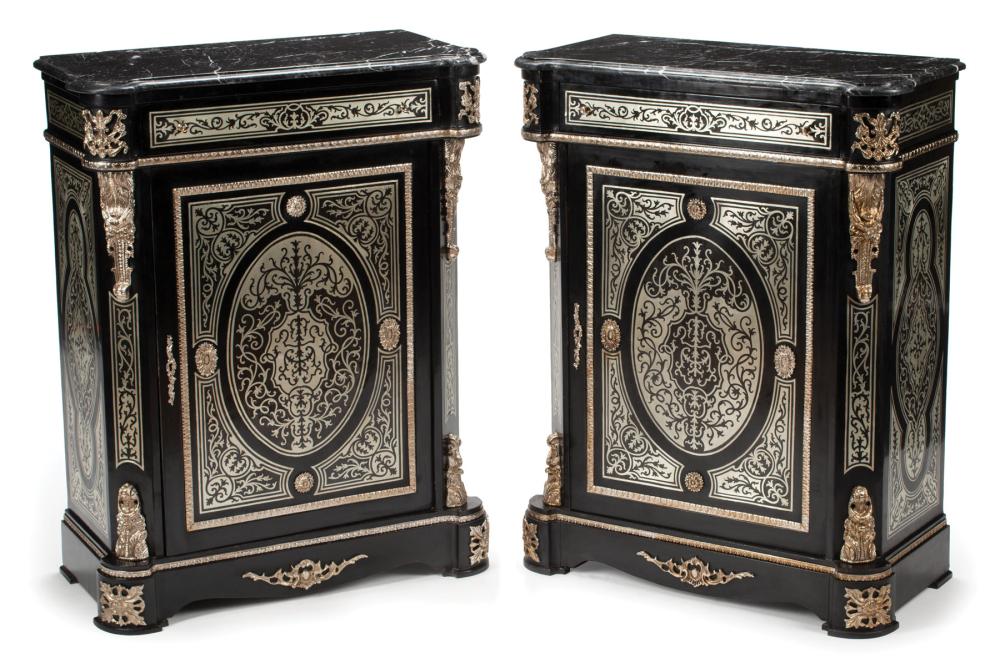 Appraisal: Pair of Regence-Style Pewter Inlaid Music Cabinets molded shaped marble