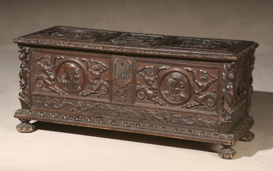 Appraisal: Italian Baroque Style Walnut Cassone th Century The hinged top