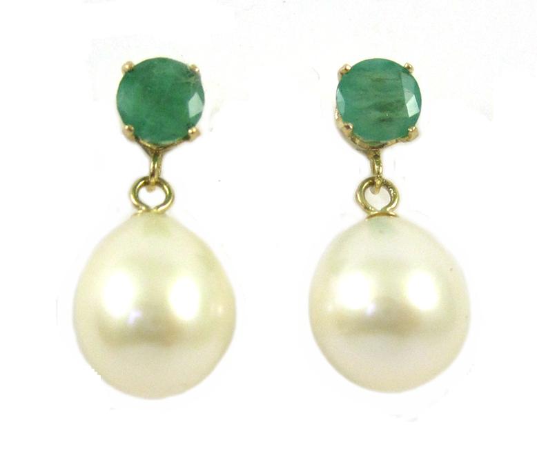 Appraisal: PAIR OF EMERALD AND PEARL EARRINGS each k yellow gold