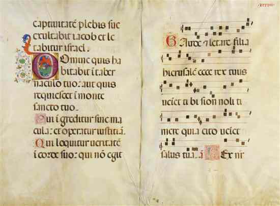 Appraisal: ILLUMINATED MANUSCRIPT ANTIPHONAL Two pages from a large antiphonal with