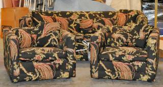 Appraisal: Upholstered Sofa Two Chairs Upholstered sofa and two chairs in