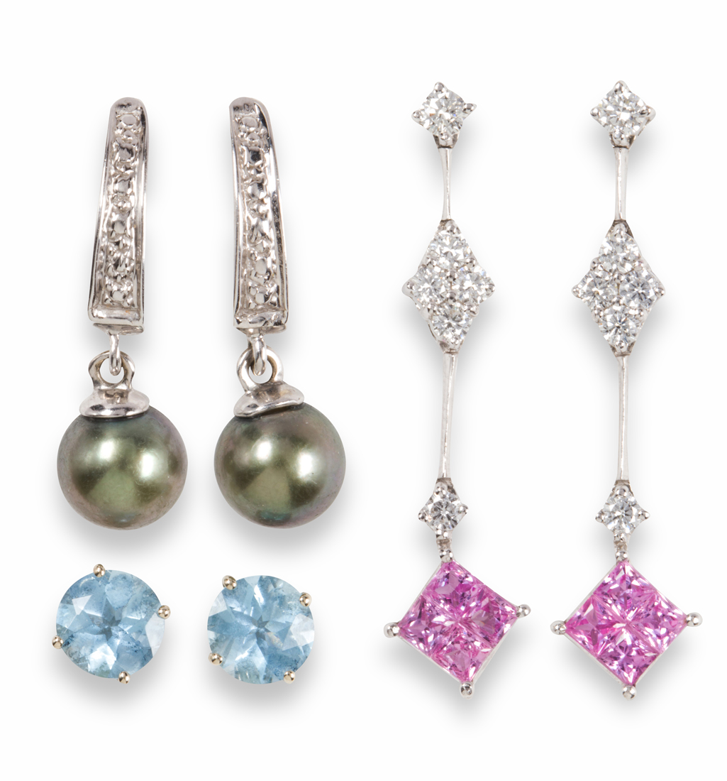 Appraisal: A GROUP OF GEMSTONE AND WHITE GOLD EARRINGS A group