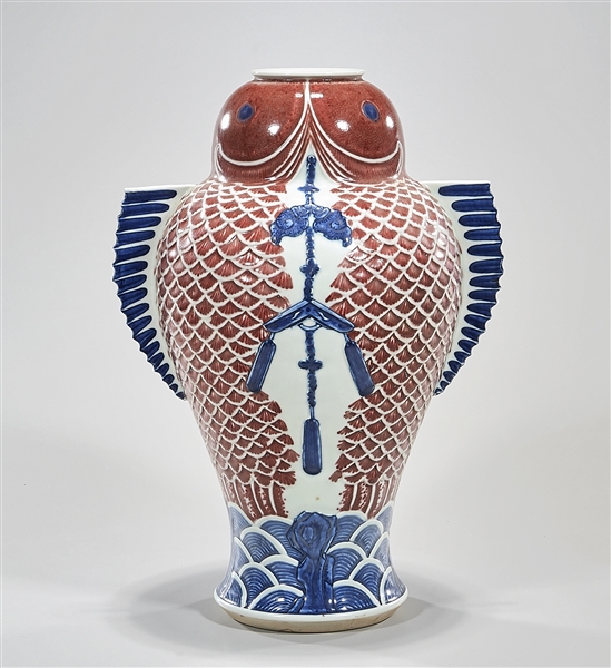 Appraisal: Chinese blue red and white fish vase x x approx