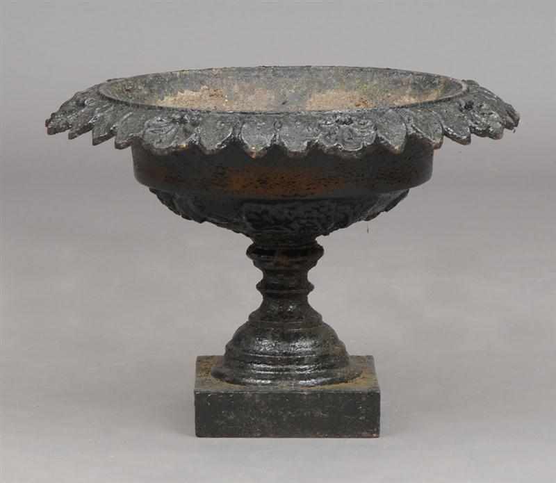 Appraisal: BLACK-PAINTED CAST-IRON GARDEN URN The squat bowl cast with grape