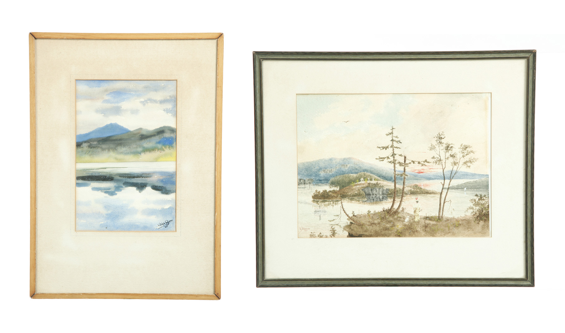 Appraisal: TWO LANDSCAPES Watercolors on paper Woman looking at river with