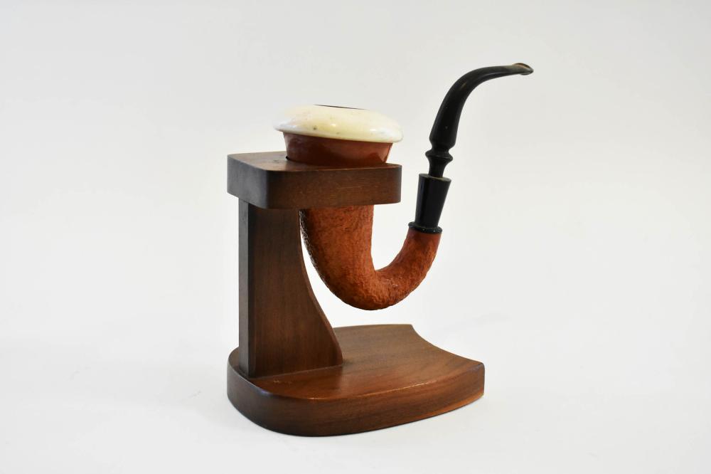 Appraisal: BURL WOOD HORN AND MEERSCHAUM PIPEUpward curved with chip-carved body