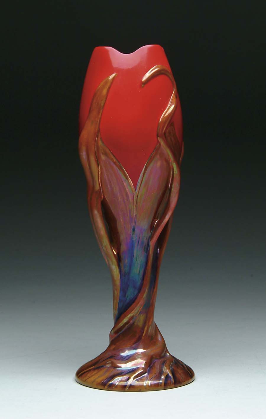 Appraisal: ZSOLNAY FLOWER FORM VASE Wonderful contemporary Zsolnay vase has red