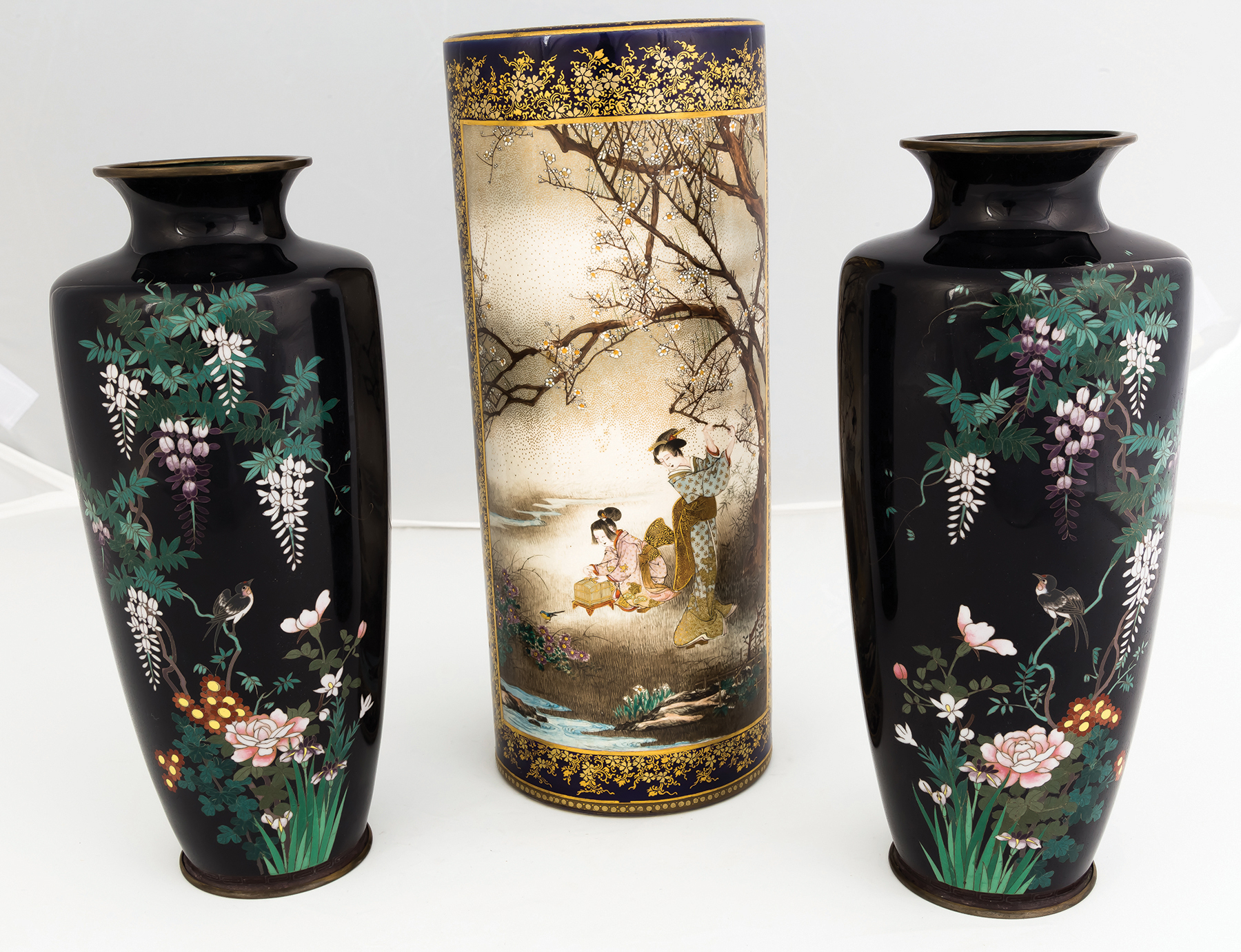 Appraisal: Pair of Japanese Cloisonn Vases and a Japanese Satsuma Vase