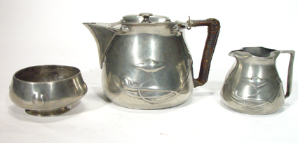 Appraisal: Libertys Tudric Art Nouveau pewter three piece batchelor's teaset with