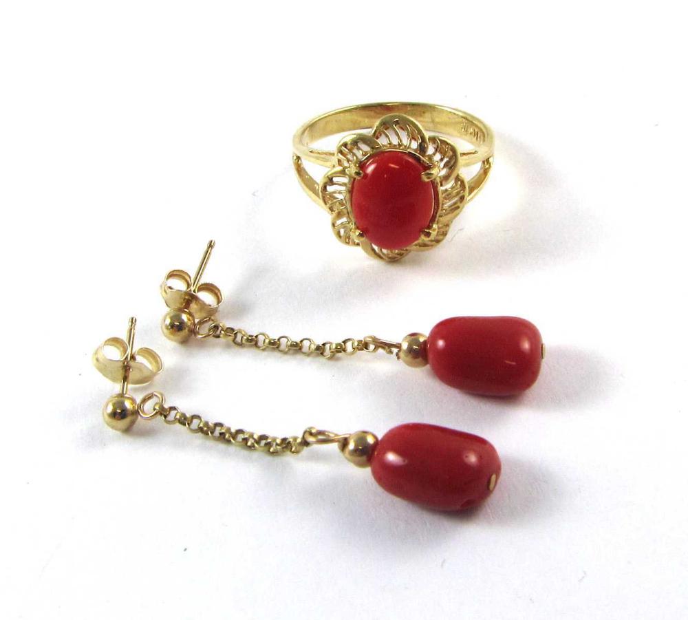 Appraisal: TWO ARTICLES OF CORAL AND FOURTEEN KARAT GOLD JEWELRY including