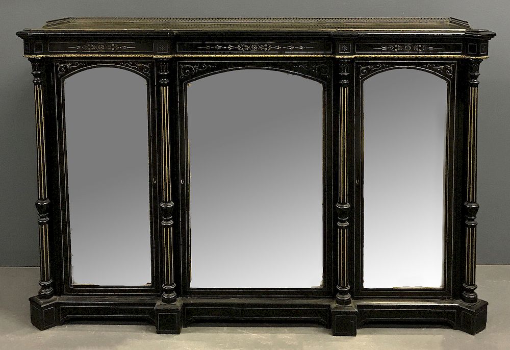 Appraisal: Victorian Black Cabinet with Brass Gallery Top Victorian black cabinet