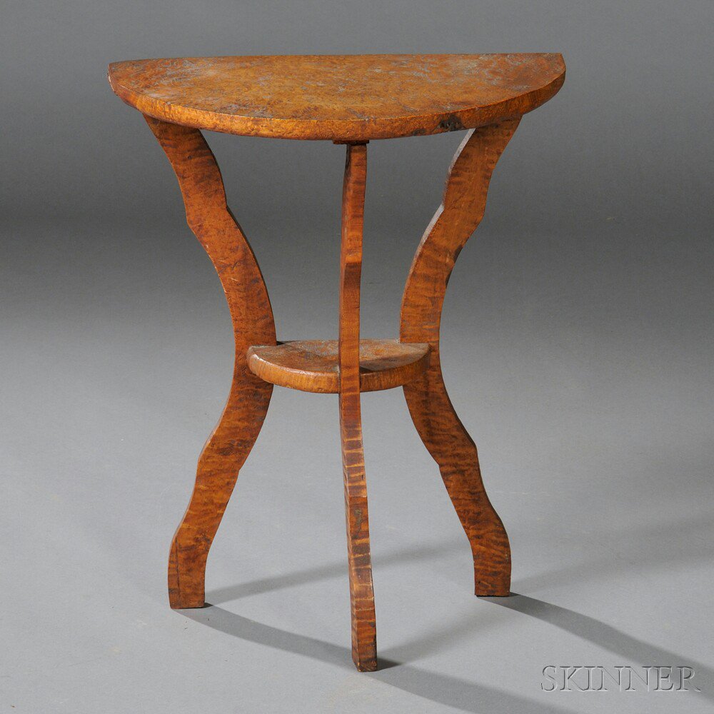 Appraisal: Small Burlwood Demilune Table th century on three shaped legs