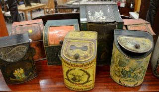 Appraisal: Group of nine tole tin store spice bins tea boxes