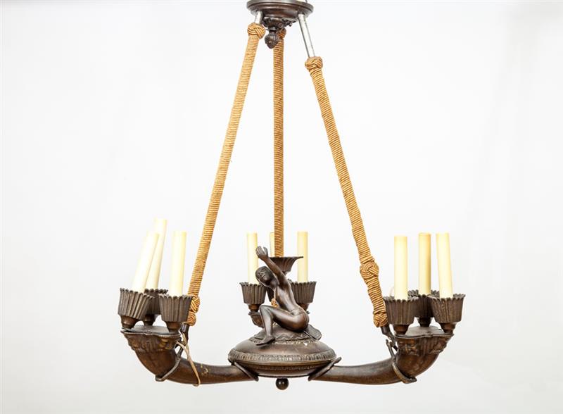 Appraisal: Neoclassical Style Patinated-Bronze Nine-Light Chandelier On three corded rod supports