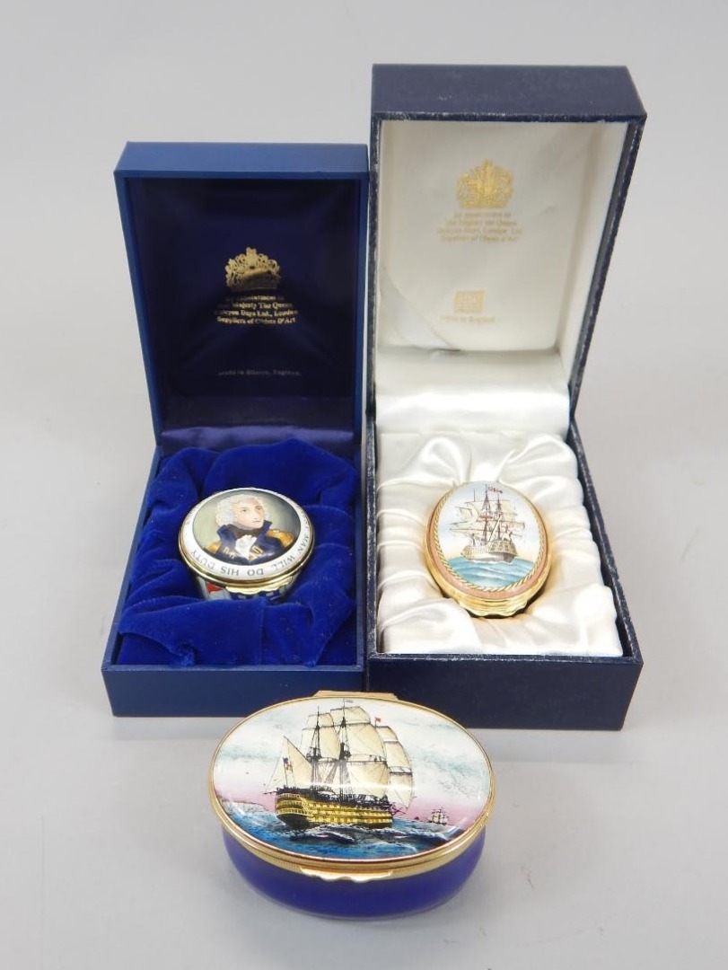 Appraisal: Three Halcyon Days enamel boxes each made to commemorate Admiral