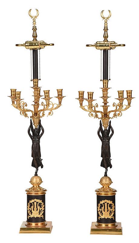 Appraisal: Pair Empire Style Bronze Figural Lamps Italian th century five