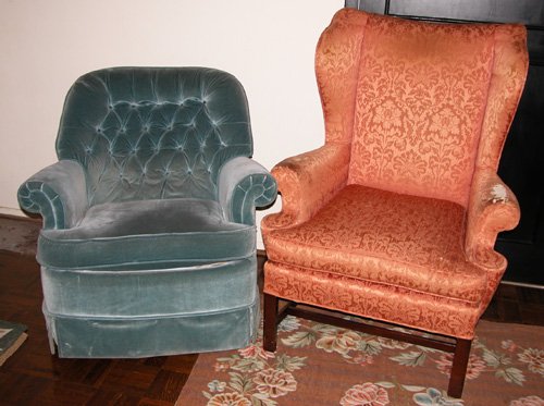 Appraisal: Title Two upholstered arm chairs one coral fabric one blue