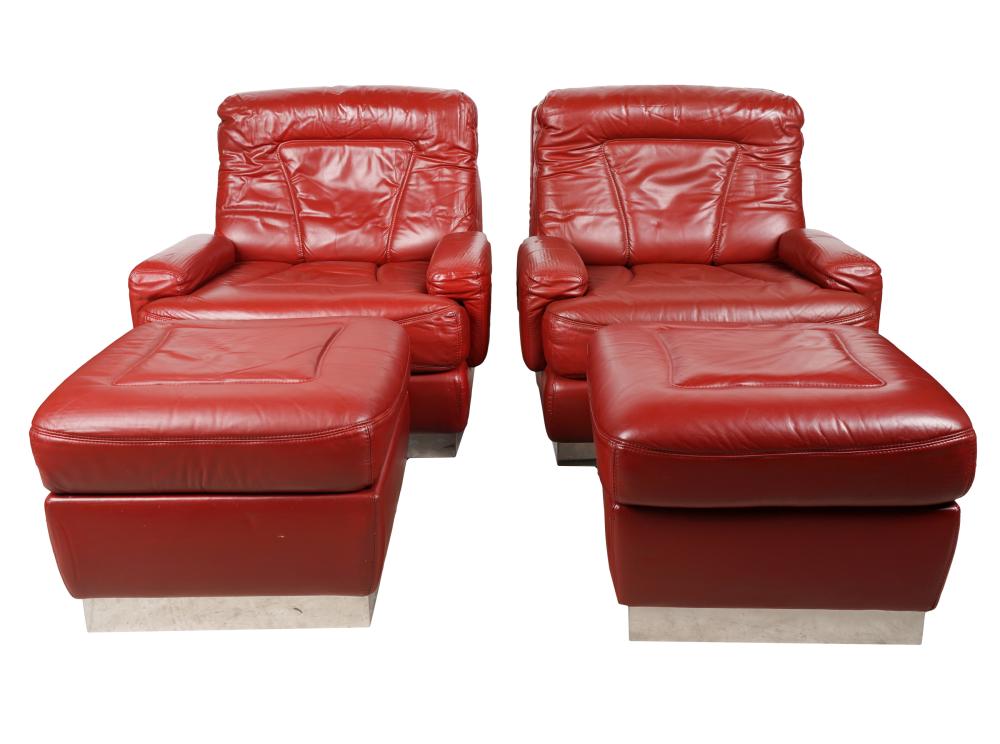 Appraisal: PAIR ROCHE BOBOIS LEATHER LOUNGE CHAIRS OTTOMANSeach on chrome base