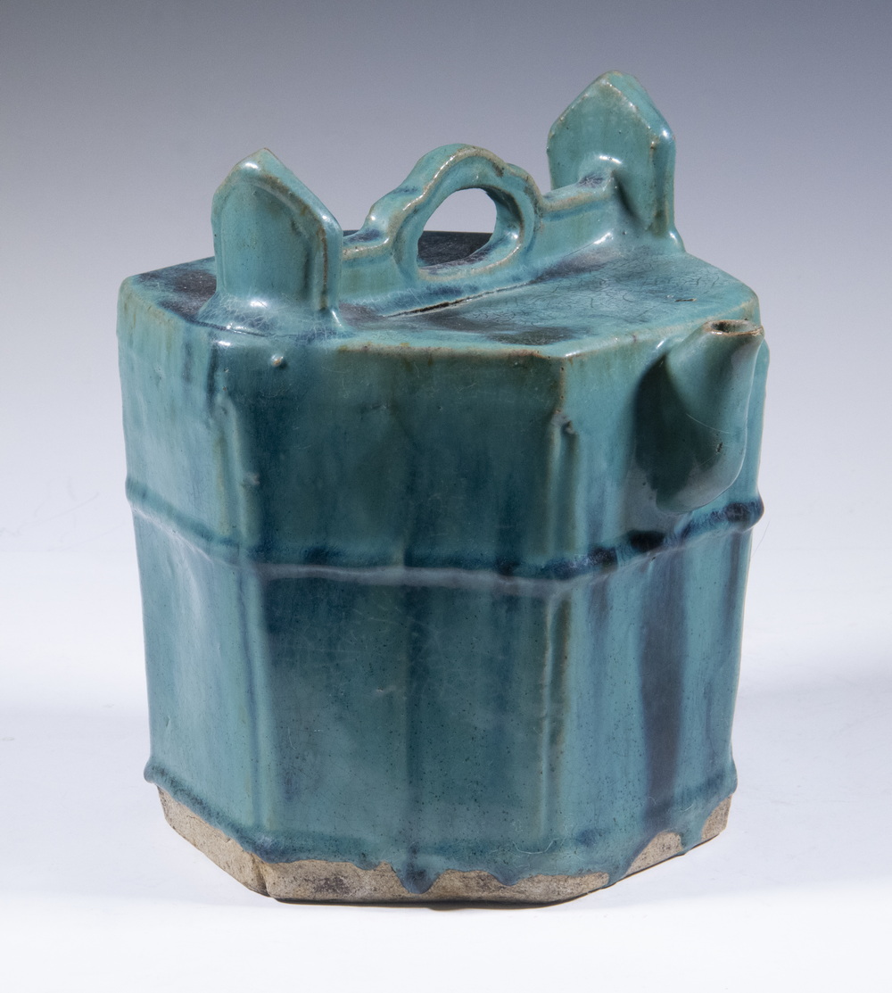 Appraisal: CHINESE POTTERY VESSEL Shiwan Turquoise Glazed Hexagonal Pouring Vessel late