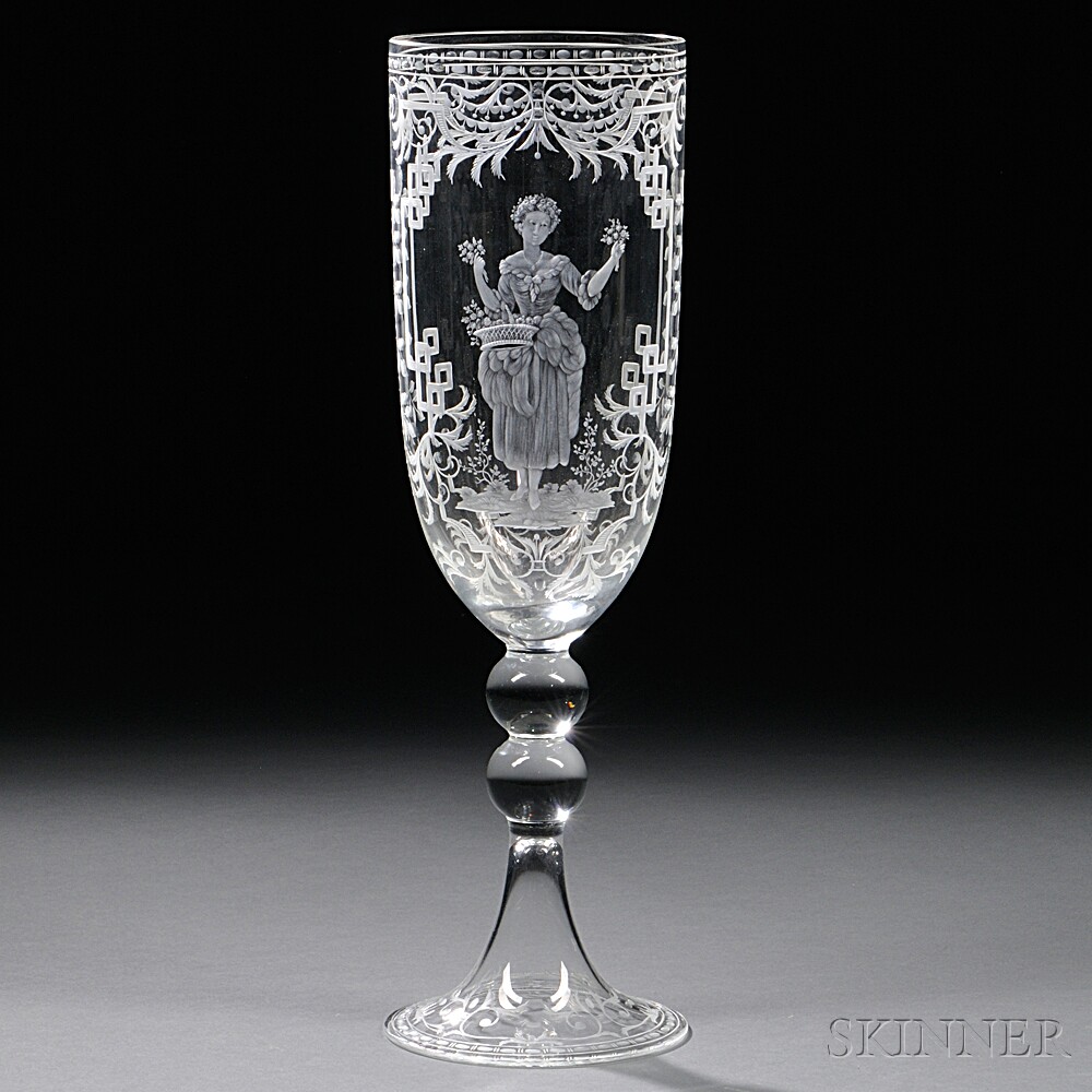 Appraisal: Etched Bohemian Glass Goblet th century one side with a