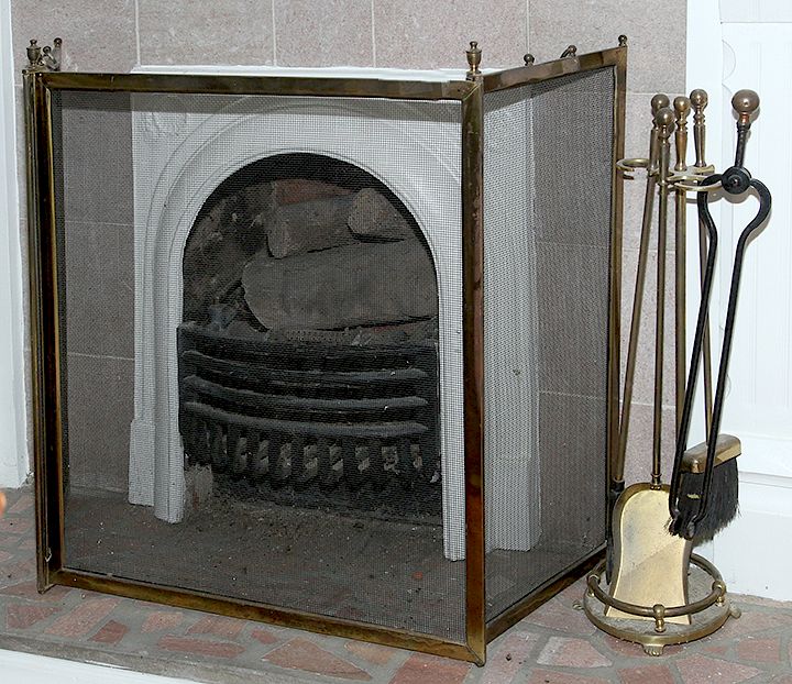 Appraisal: Brass Fireplace Set A ca brass screen and tools