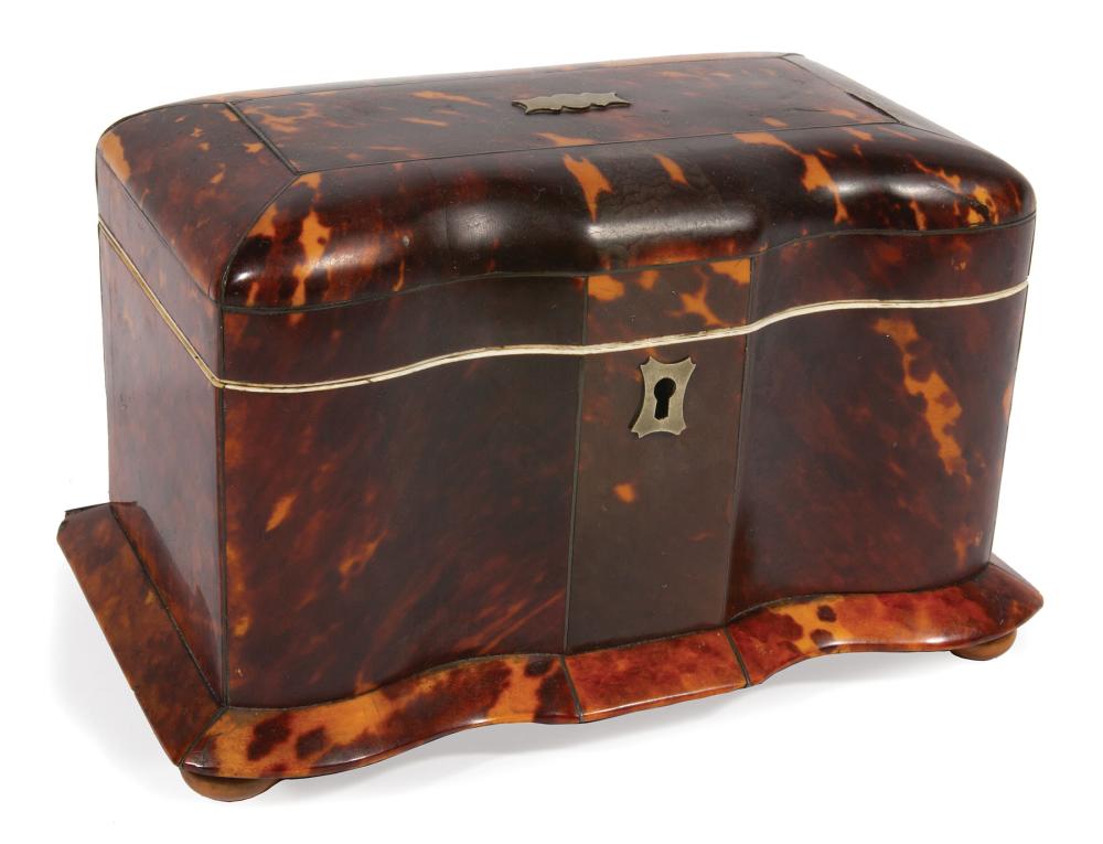 Appraisal: George III Tortoiseshell Serpentine Front Tea Caddy th c interior