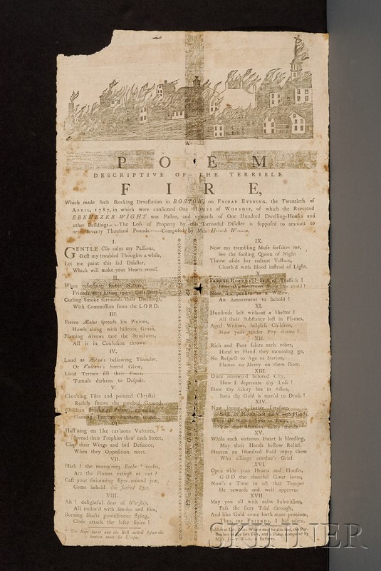 Appraisal: Boston History th Century Broadside sheet written anonymously by a