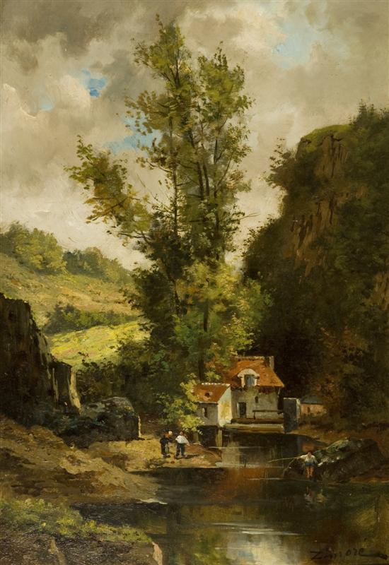 Appraisal: Oil on board of landscape with house pond and two