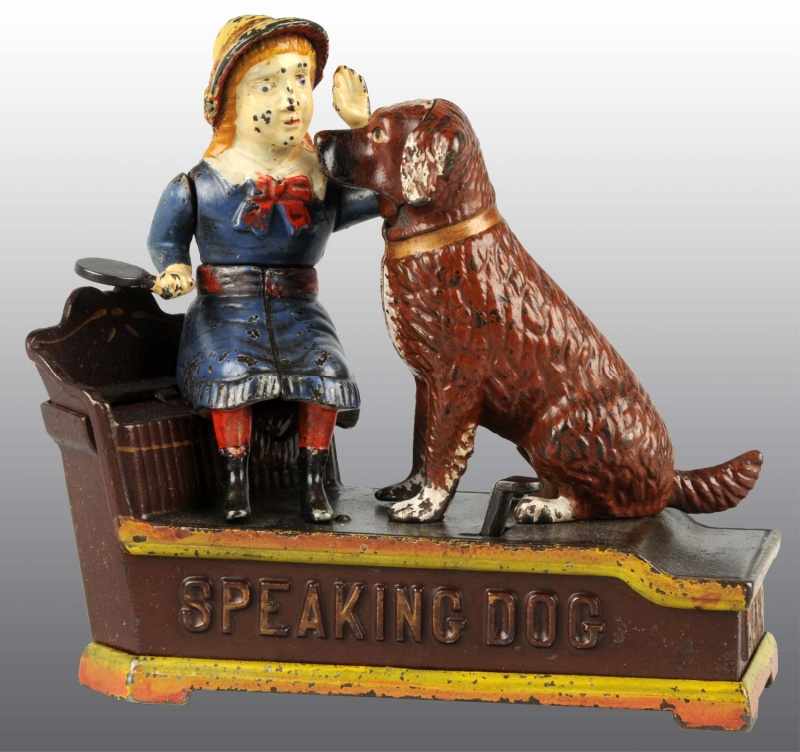 Appraisal: Cast Iron Speaking Dog Mechanical Bank Description Patented Shepard Hardware