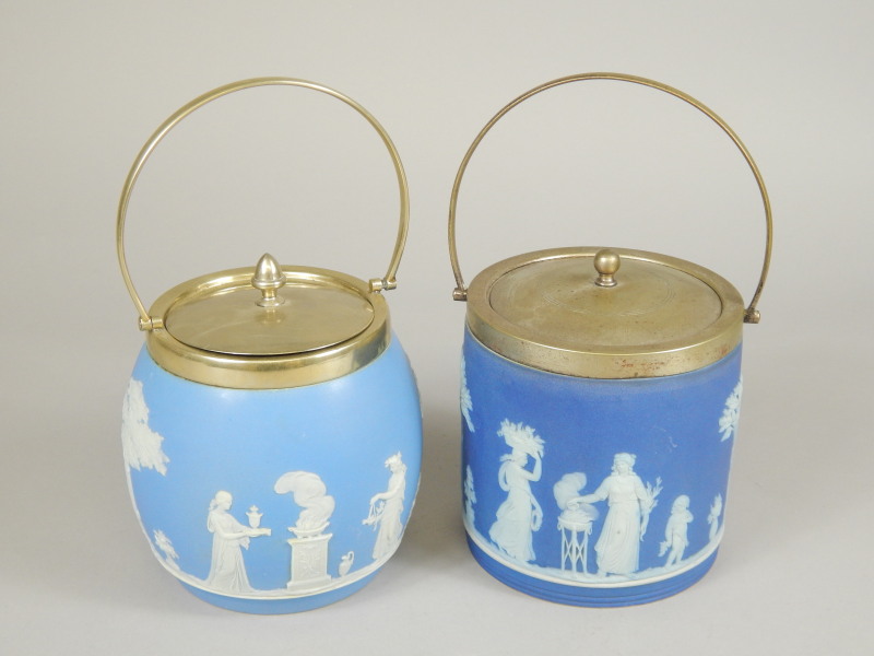 Appraisal: Two late th early thC Wedgwood blue Jasperware biscuit barrels