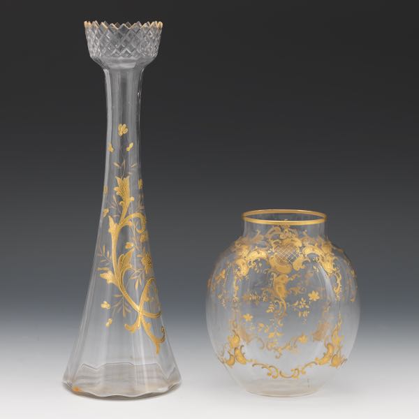 Appraisal: TWO MOSER GILT DECORATED BEJEWELLED GLASS VASES CA TH CENTURY