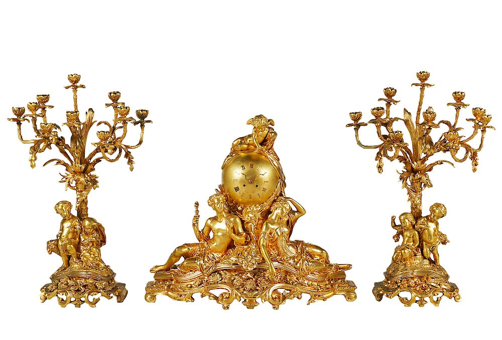 Appraisal: Monumental French Gilt Bronze Pc Garniture Set Monumental French Beaux