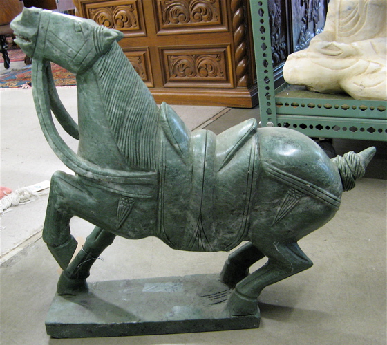 Appraisal: CHINESE TANG STYLE HORSE SCULPTURE jade-green marble standing pose inches