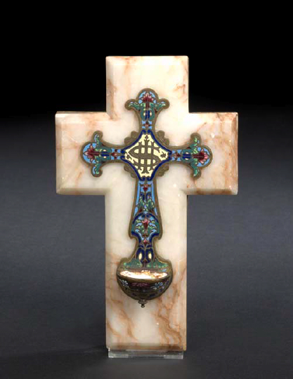 Appraisal: French Brocatelle Marble and Champleve Enamel Cruciform Benitier first quarter