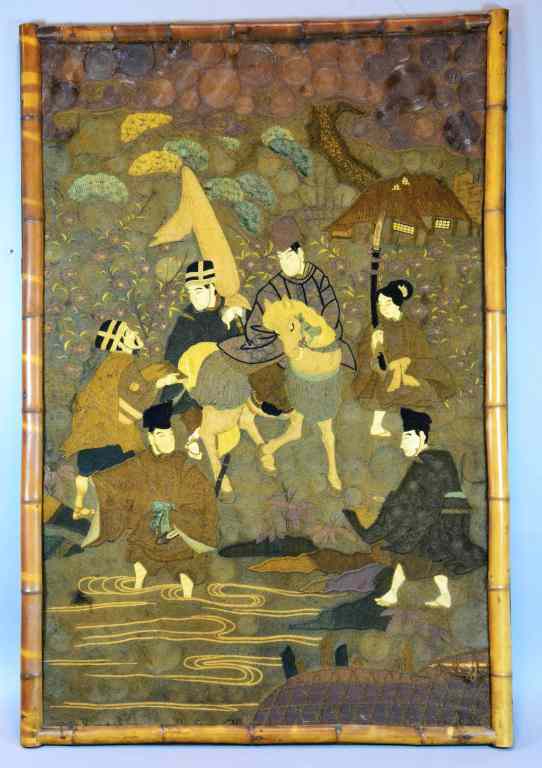 Appraisal: Large Japanese Embroidered Textile-Meiji PeriodFinely sewn to depict figures within