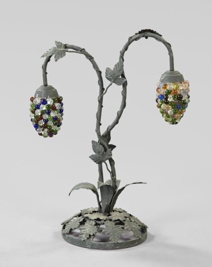 Appraisal: Verdigris-Patinated Wrought-Iron and Glass Two-Light Lamp first quarter th century