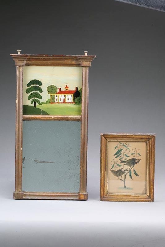 Appraisal: TWO FRAMED ITEMS A reverse painted mirror with manor and