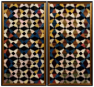 Appraisal: Two framed quilt panels log cabin variants probably silk and